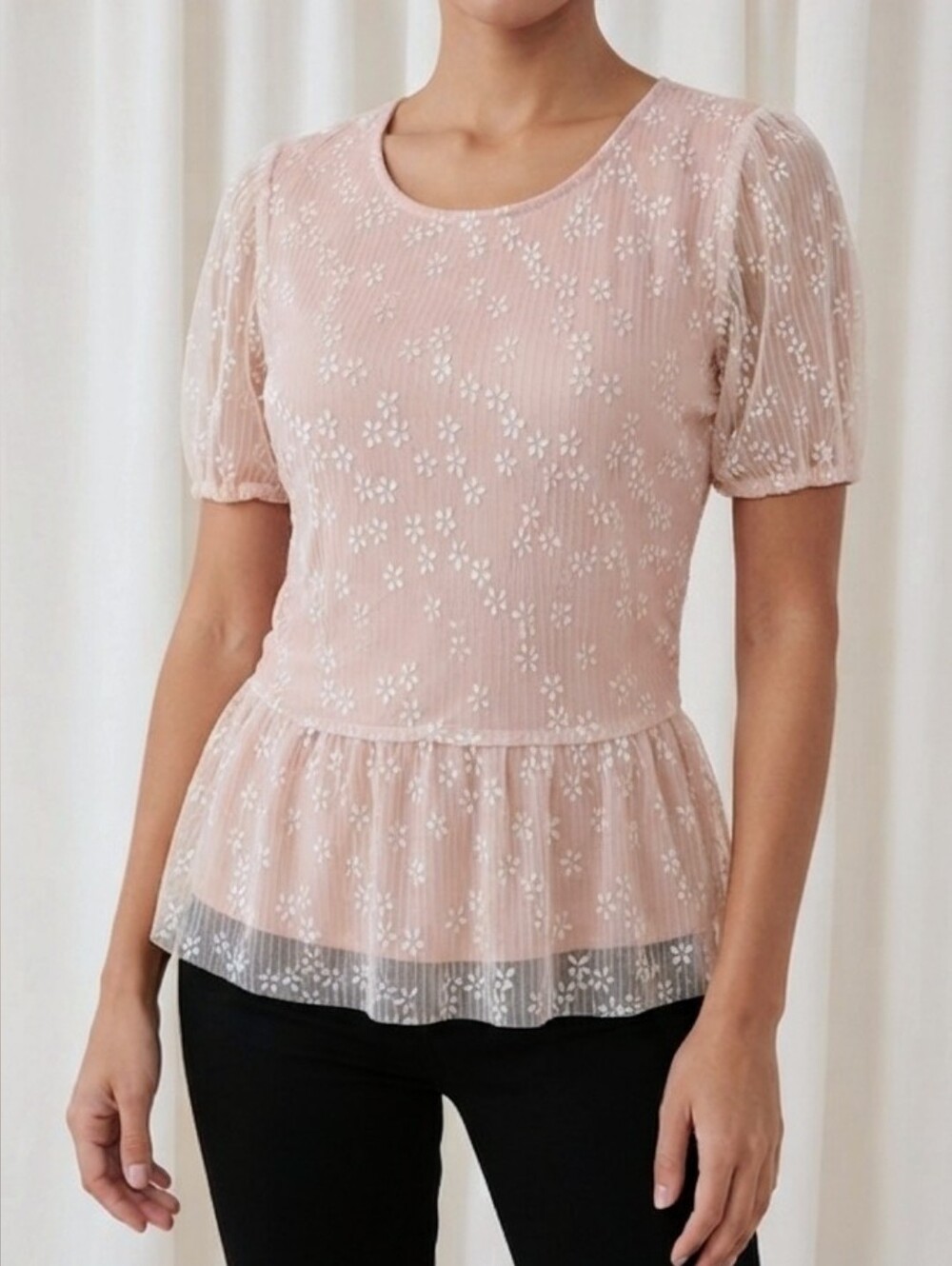 NWOT Cleo Pink Mesh Floral Peplum Lace Top Blouse Size XS